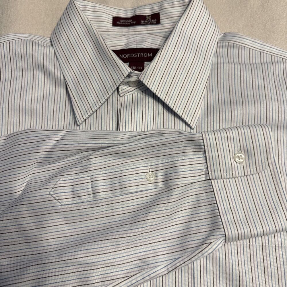 Mens White w Brown Blue Purple Stripes NORDSTROM Dress Shirt 15.5-33  Medium